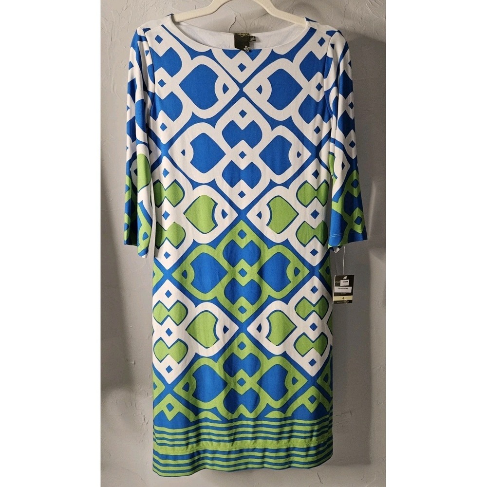 Taylor Sz 4 Retro Artsy Shift Dress Green Blue Geometric New #239